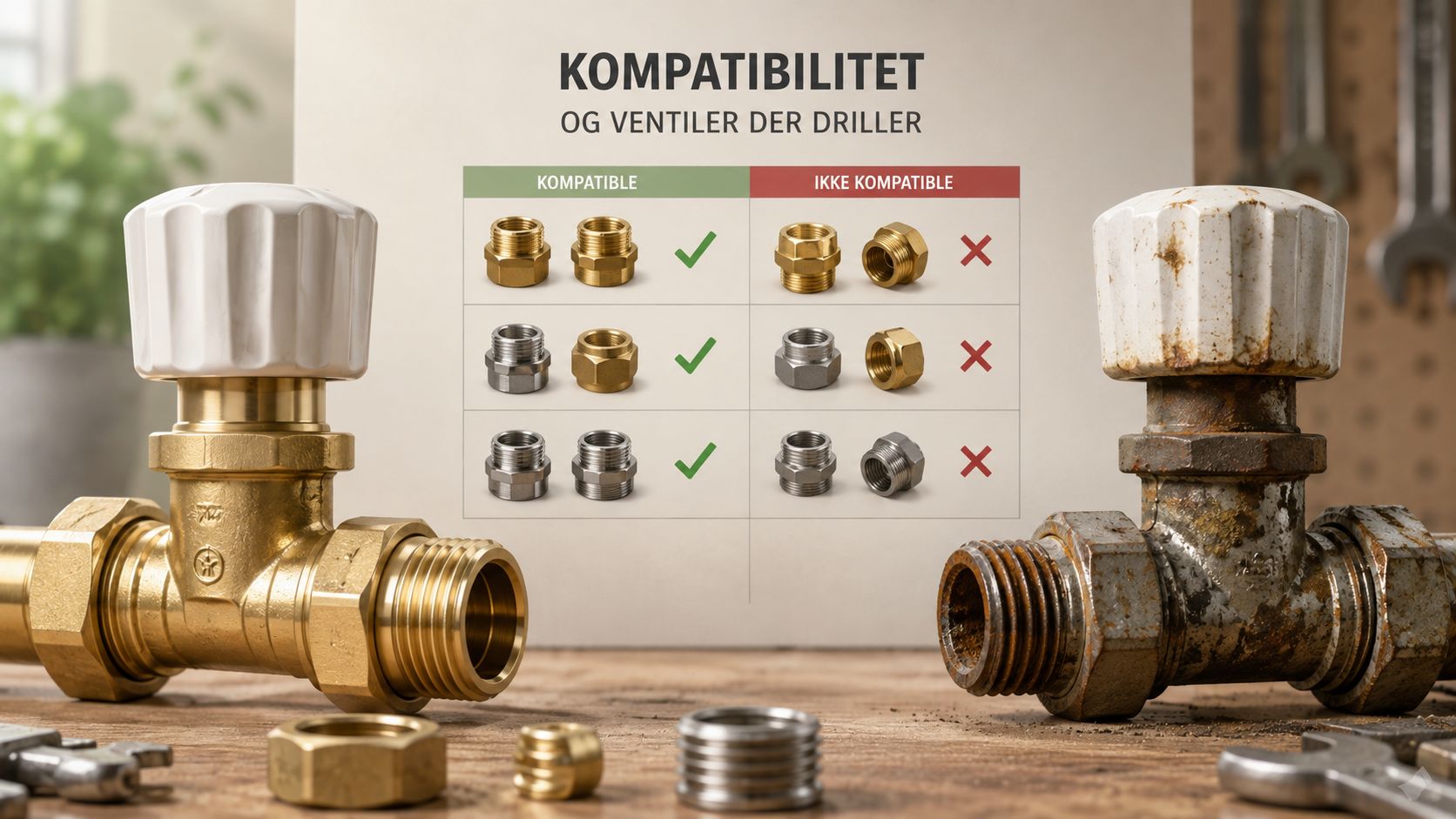En grafisk oversigt over kompatible og ikke-kompatible fittings til radiatorventiler med messing og stål dele.