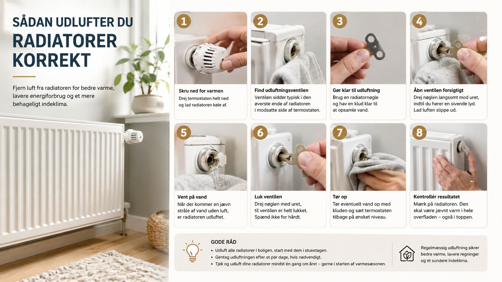 En guide i otte trin til hvordan du korrekt udlufter dine radiatorer for at optimere varmen i boligen.