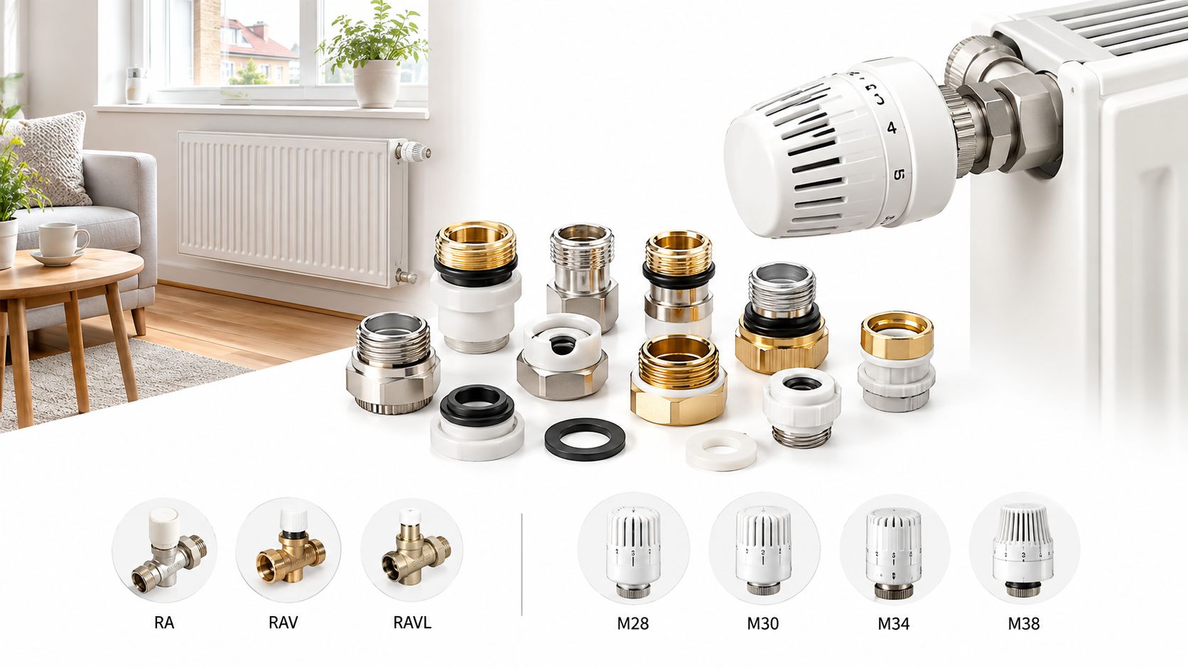 Et udvalg af radiatortermostater og ventildisplays med forskellige adaptere til nem installation på radiatorer i hjemmet.