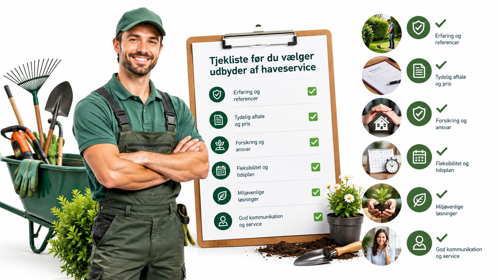 En glad gartner står ved siden af en tjekliste med vigtige faktorer ved valg af haveservice.