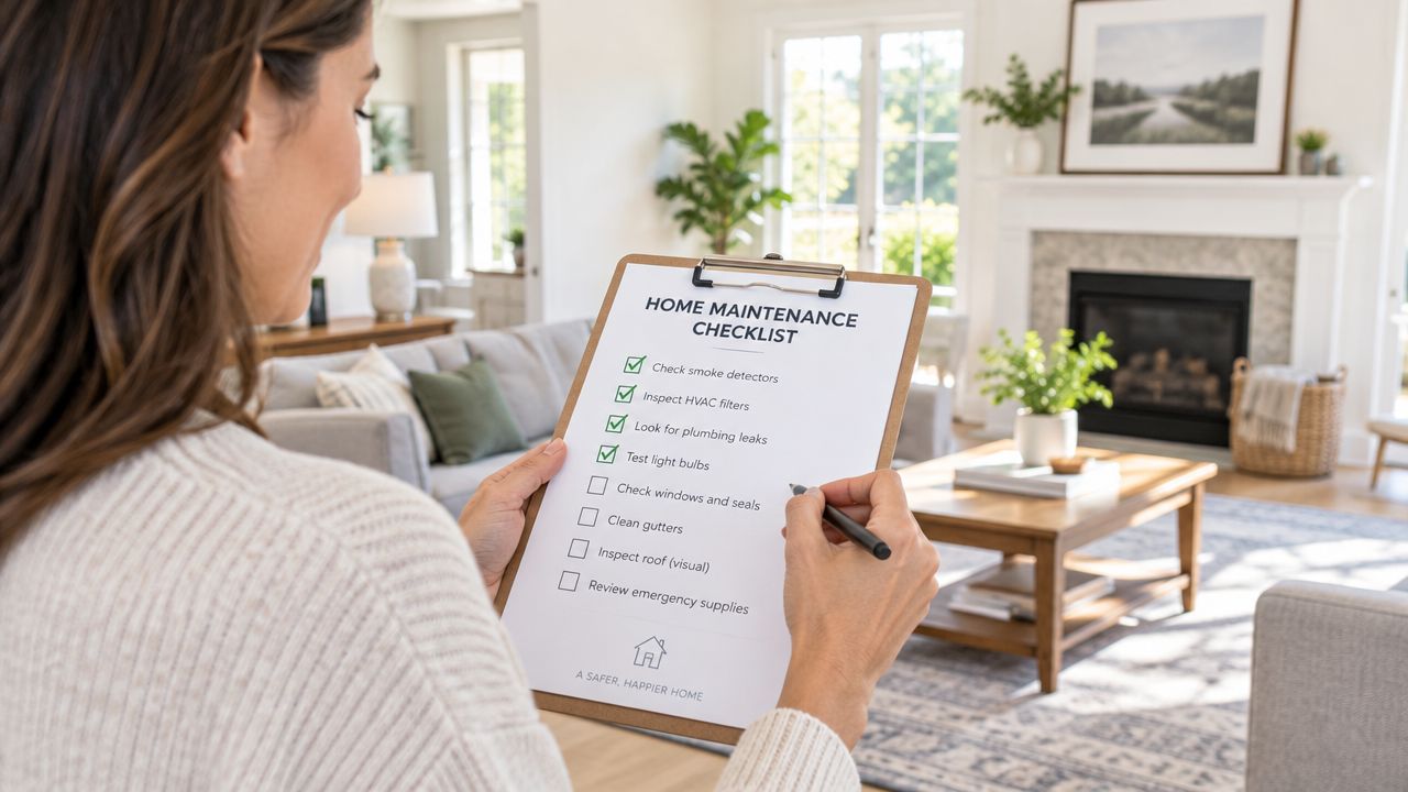 En kvinde tjekker en husvedligeholdelsesliste af i en hyggelig stue for at sikre en sikker bolig.