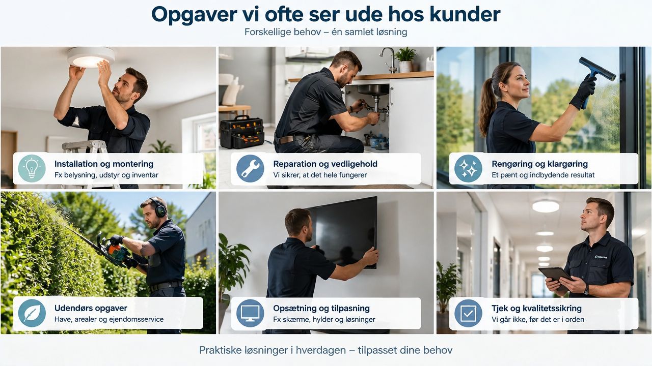 En oversigt over diverse serviceopgaver som reparation, installation, rengøring, havearbejde og kvalitetssikring udført af professionelle medarbejdere.