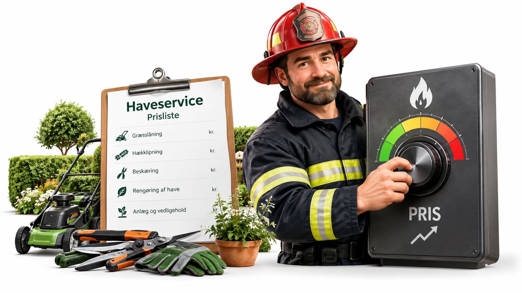 En brandmand viser en prisliste for haveservice med ikoner for græsslåning, hækklipning, beskæring og havevedligeholdelse.