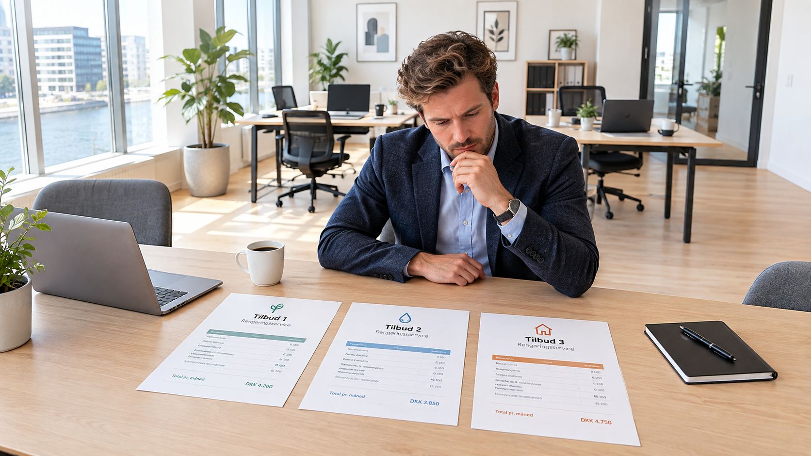 En forretningsmand sidder ved et skrivebord og overvejer tre forskellige tilbud på professionel kontorrengøring.