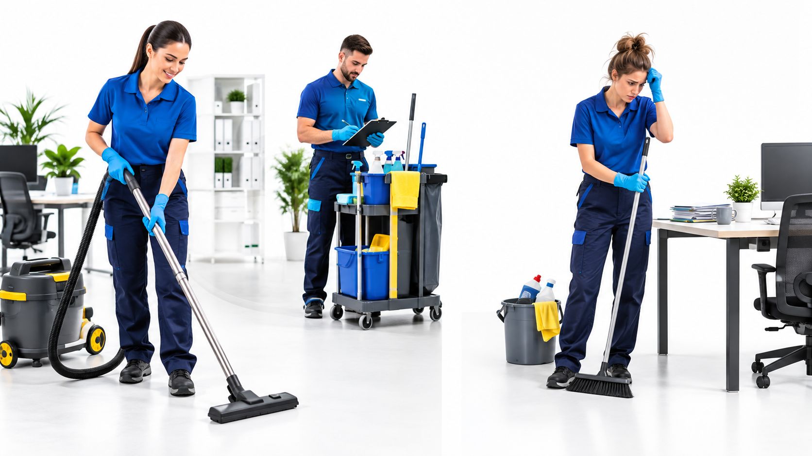 Tre professionelle rengøringsassistenter i uniform arbejder med støvsugning, gulvfejning og planlægning på et moderne kontorlandskab.