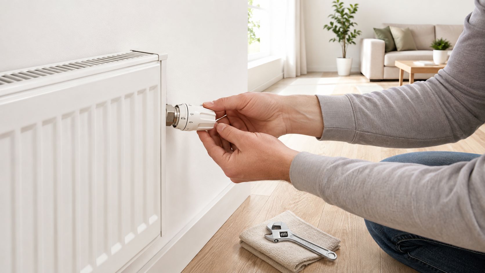 En person justerer termostaten på en hvid radiator med værktøj liggende klar på gulvet i stuen.