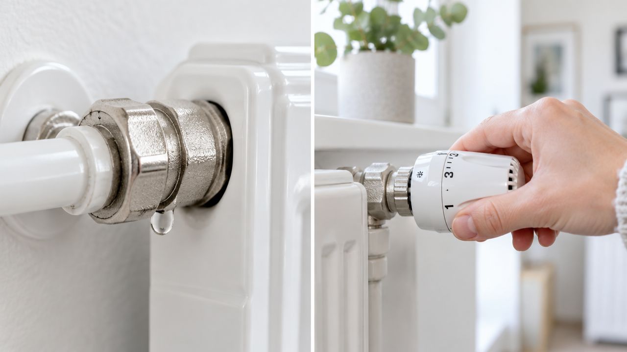 En person justerer en radiatorventil, mens en anden del af billedet viser en utæt radiator med en dråbe.