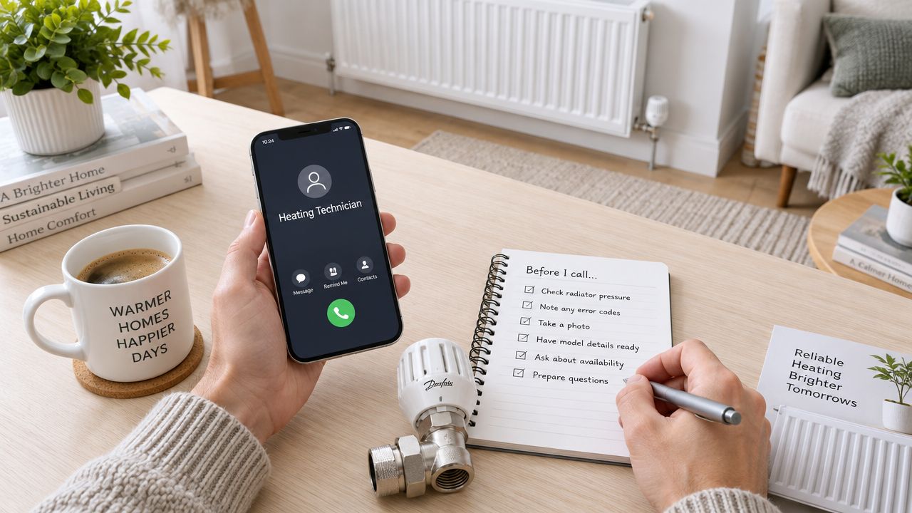 En person ringer til en opvarmningstekniker, mens de forbereder sig med en tjekliste og en radiatorventil på bordet.