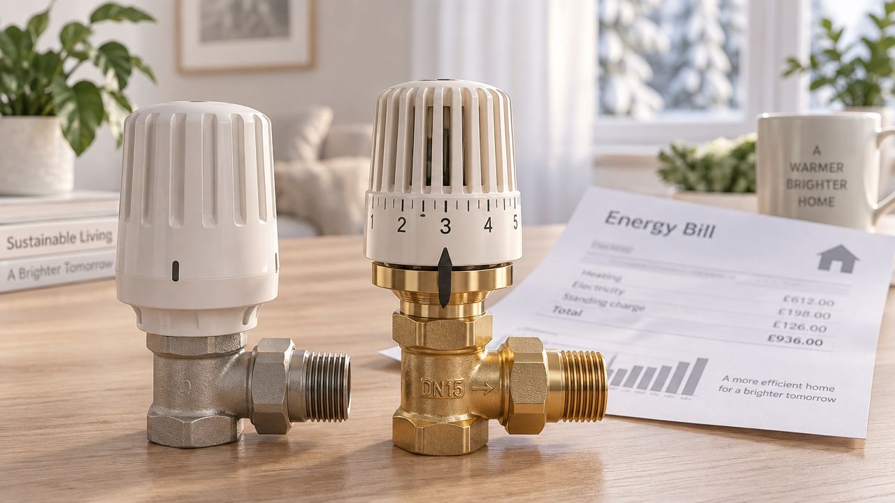 To radiatorventiler af messing og stål placeret på et træbord ved siden af en energiregning.