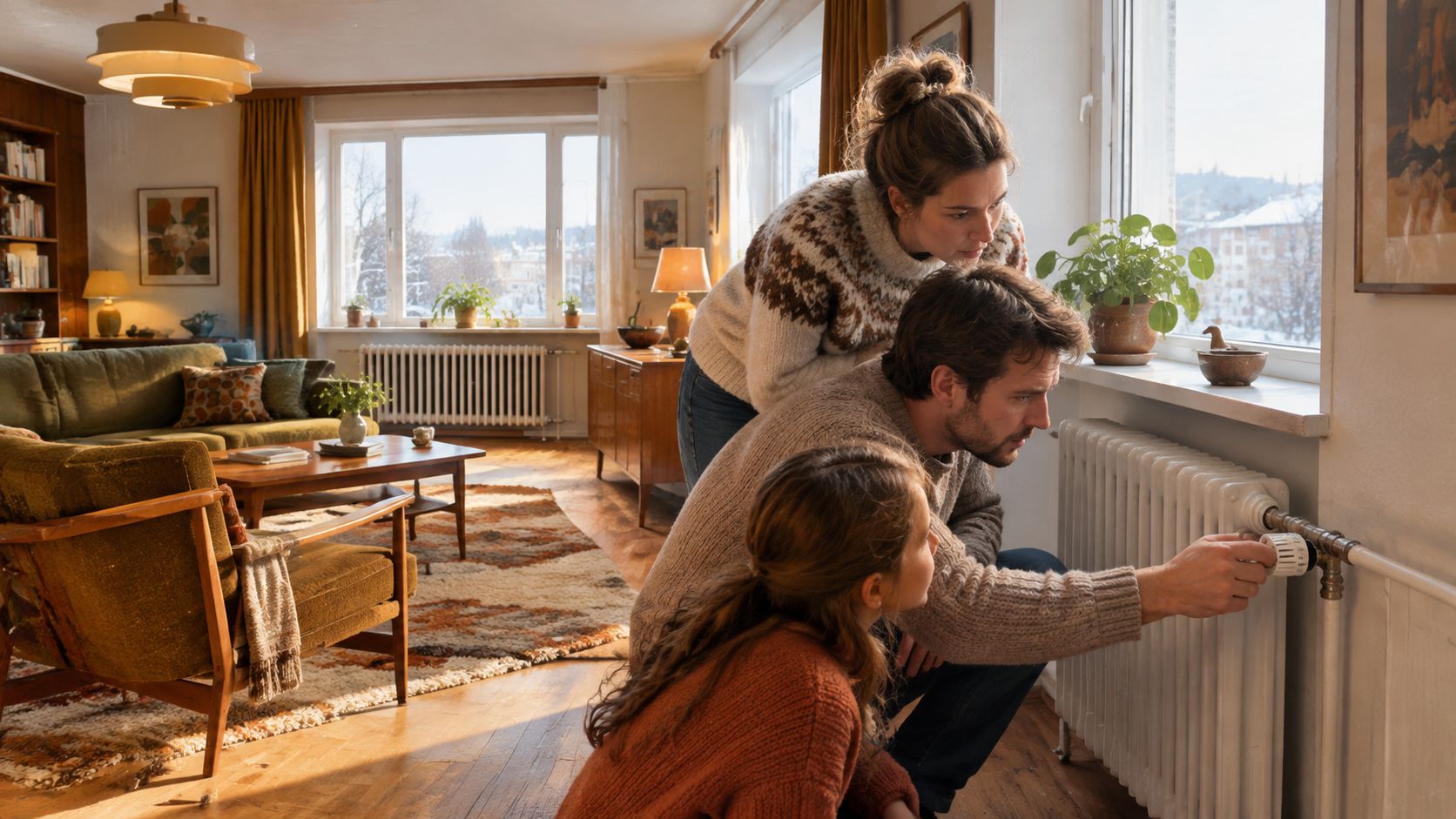 En familie på tre justerer varmen på en gammel radiator i en solrig stue om vinteren.