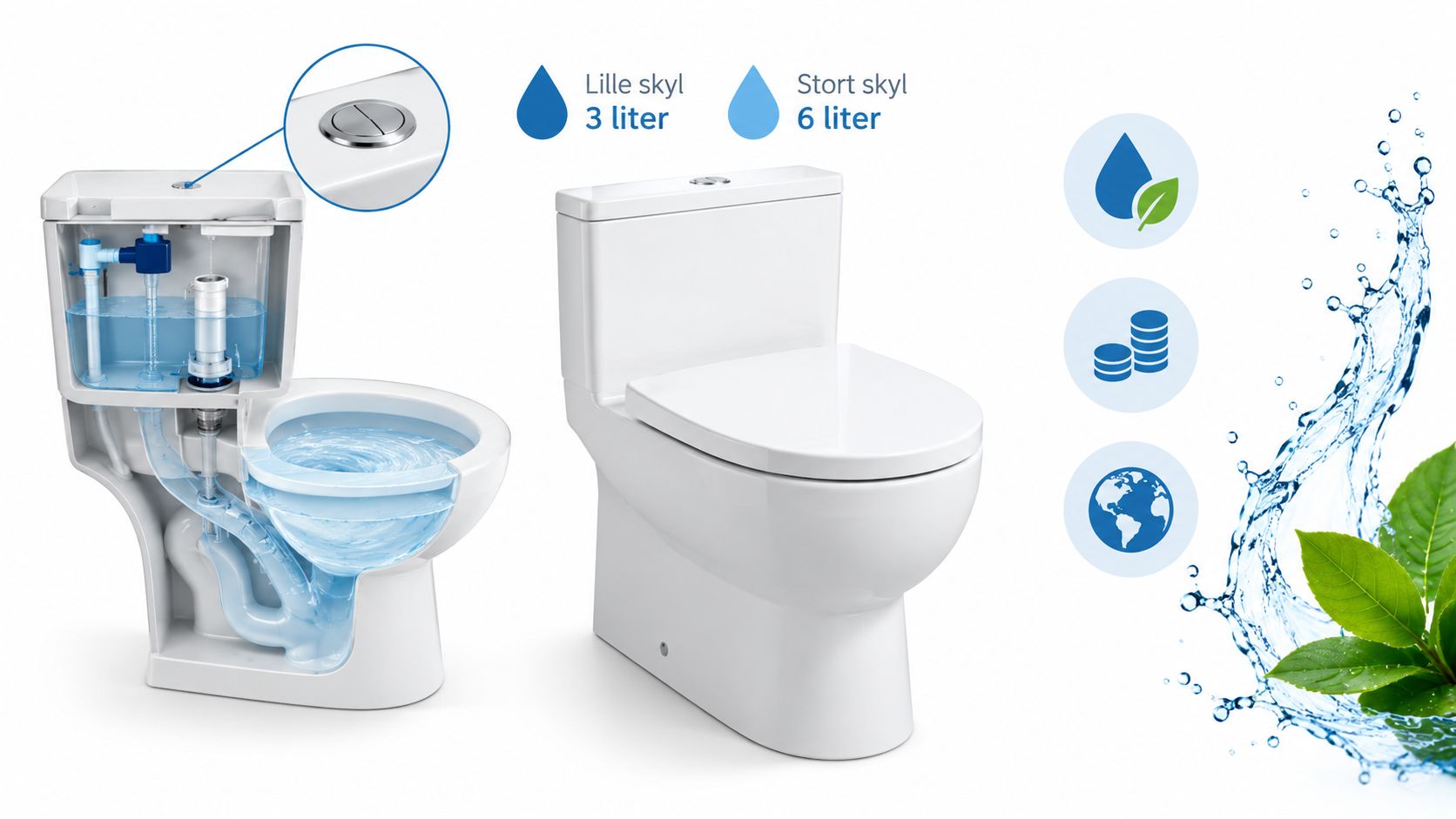 Et snitbillede af et hvidt toilet, der illustrerer dets vandbesparende to-skyls system med 3 og 6 liters skyl.